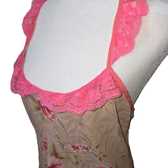 Pink and Tan Lace Chemise with Floral Details - Picture 1 of 5